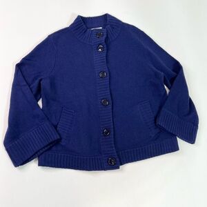 Talbots Sweater Womens Large Blue Cashmere Blend Button Front Rib Trimmed Pocket